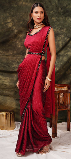 Red and Maroon color Readymade Saree in Satin Silk fabric with Stone work