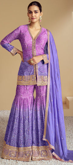 Blue, Pink and Majenta color Salwar Kameez in Silk fabric with Bandhej, Embroidered, Printed, Thread, Zari work