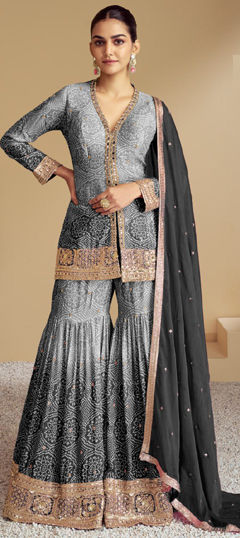 Black and Grey color Salwar Kameez in Silk fabric with Bandhej, Embroidered, Printed, Thread, Zari work