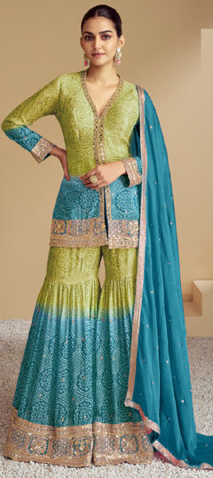 Blue, Green color Salwar Kameez in Silk fabric with Bandhej, Embroidered, Printed, Thread, Zari work