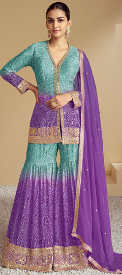 Blue, Purple and Violet color Salwar Kameez in Silk fabric with Bandhej, Embroidered, Printed, Thread, Zari work