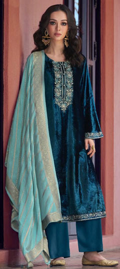 Blue color Salwar Kameez in Velvet fabric with Embroidered, Resham, Thread work