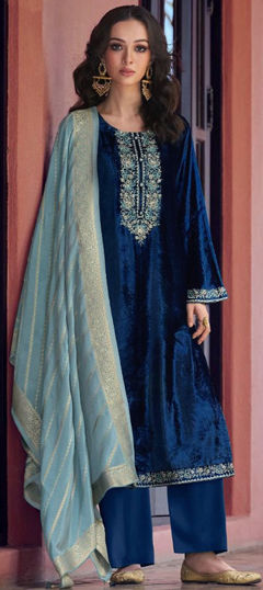 Blue color Salwar Kameez in Velvet fabric with Embroidered, Resham, Thread work