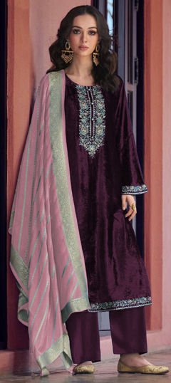 Purple and Violet color Salwar Kameez in Velvet fabric with Embroidered, Resham, Thread work