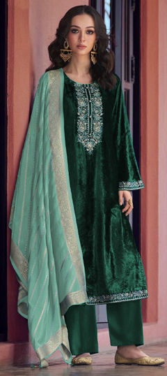 Green color Salwar Kameez in Velvet fabric with Embroidered, Resham, Thread work