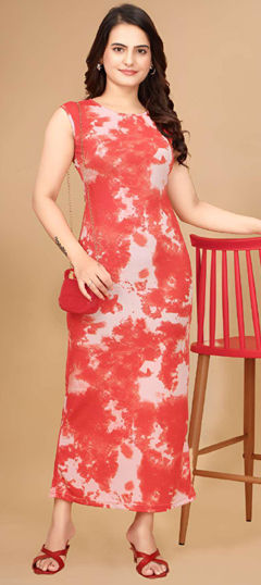 Orange color Dress in Lycra fabric with Printed work