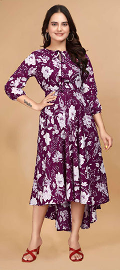 Purple and Violet color Dress in Crepe Silk fabric with Floral, Printed work