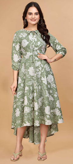 Green color Dress in Crepe Silk fabric with Floral, Printed work