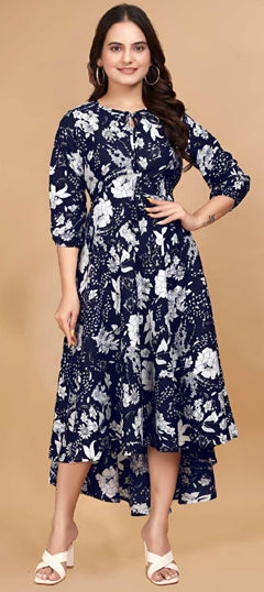 Blue color Dress in Crepe Silk fabric with Floral, Printed work