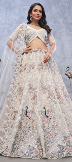 White and Off White color Lehenga in Net fabric with Embroidered work