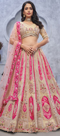 Beige and Brown color Lehenga in Organza Silk fabric with Sequence, Stone work