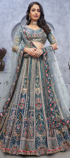 Black and Grey color Lehenga in Organza Silk fabric with Sequence, Stone work