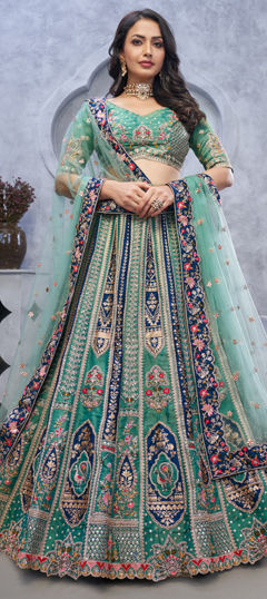 Green color Lehenga in Organza Silk fabric with Sequence, Stone work