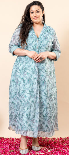 Blue color Dress in Chiffon fabric with Printed work