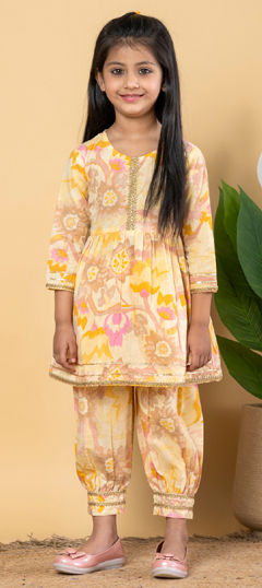 Yellow color Girls Top with Bottom in Cotton fabric with Floral, Gota Patti, Printed work