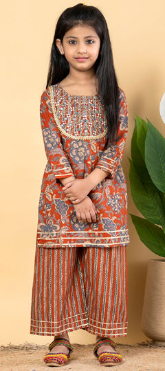 Orange color Girls Top with Bottom in Cotton fabric with Embroidered, Floral, Gota Patti, Printed, Thread work