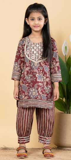Red and Maroon color Girls Top with Bottom in Cotton fabric with Embroidered, Floral, Gota Patti, Printed, Resham, Thread work