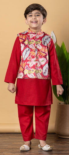 Red and Maroon color Boys Kurta Pyjama with Jacket in Cotton fabric with Printed work