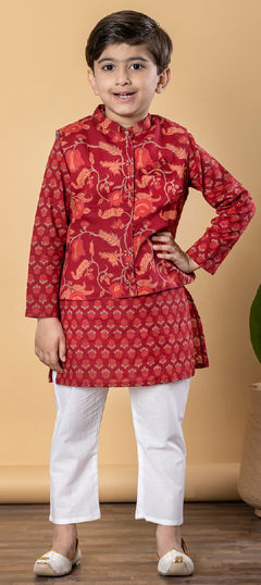 Red and Maroon color Boys Kurta Pyjama with Jacket in Cotton fabric with Floral, Printed work