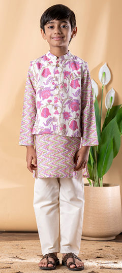Purple and Violet, White and Off White color Boys Kurta Pyjama with Jacket in Cotton fabric with Floral, Printed work
