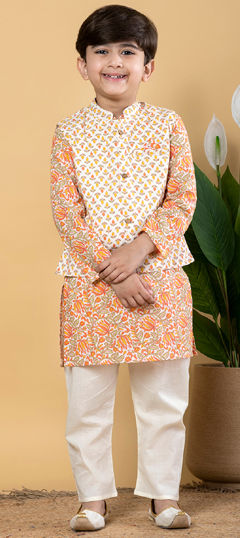 Beige and Brown, Pink and Majenta color Boys Kurta Pyjama with Jacket in Cotton fabric with Floral, Printed work