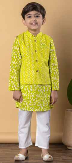 Green color Boys Kurta Pyjama with Jacket in Cotton fabric with Printed work