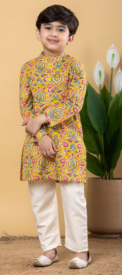 Yellow color Boys Kurta Pyjama in Cotton fabric with Floral, Printed work