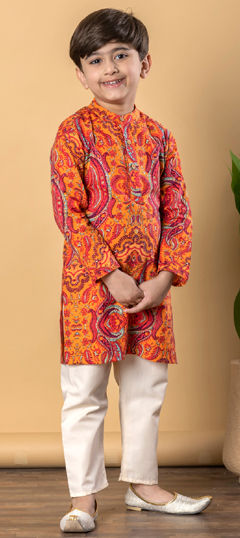 Orange color Boys Kurta Pyjama in Cotton fabric with Floral, Printed work