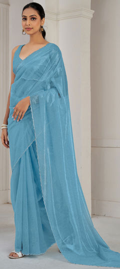 Blue color Saree in Organza Silk fabric with Thread work