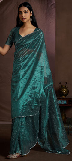 Blue color Saree in Organza Silk fabric with Thread work