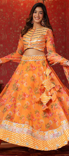 Orange color Lehenga in Organza Silk fabric with Floral, Gota Patti, Printed work