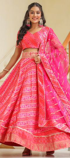 Pink and Majenta color Lehenga in Brocade fabric with Bandhej, Gota Patti, Printed work