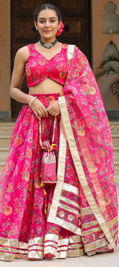 Pink and Majenta color Lehenga in Organza Silk fabric with Floral, Gota Patti, Printed work