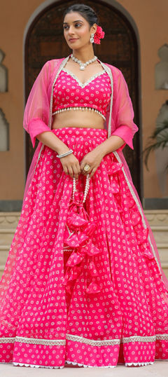 Pink and Majenta color Lehenga in Organza Silk fabric with Bandhej, Lace, Printed work