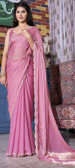 Pink and Majenta color Saree in Silk fabric with Zircon work