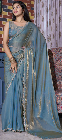 Blue color Saree in Silk fabric with Zircon work