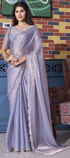 Black and Grey color Saree in Silk fabric with Zircon work