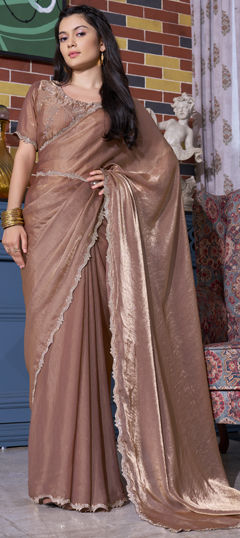 Beige and Brown color Saree in Silk fabric with Zircon work