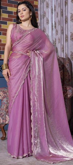 Purple and Violet color Saree in Silk fabric with Zircon work