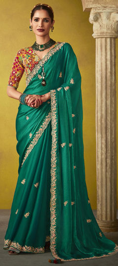 Green color Saree in Silk fabric with Bugle Beads, Sequence, Thread, Zari work