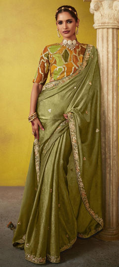 Green color Saree in Silk fabric with Border, Embroidered, Moti, Thread, Zari work