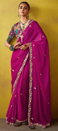 Pink and Majenta color Saree in Silk fabric with Bugle Beads, Embroidered, Sequence, Zari work