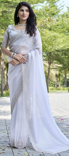 White and Off White color Saree in Organza Silk fabric with Cut Dana, Stone work