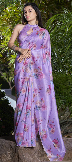 Purple and Violet color Saree in Crushed Silk fabric with Floral, Printed work