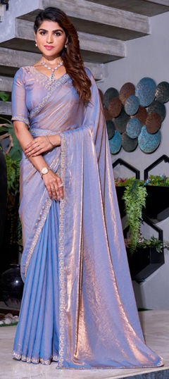 Blue color Saree in Satin Silk fabric with Stone work