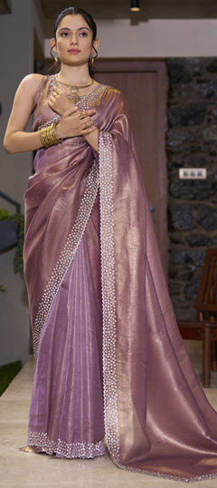 Purple and Violet color Saree in Organza Silk fabric with Stone work