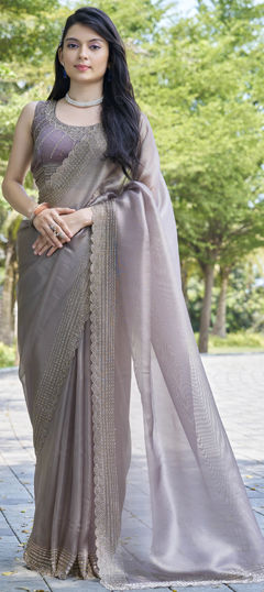 Beige and Brown color Saree in Organza Silk fabric with Cut Dana, Stone work