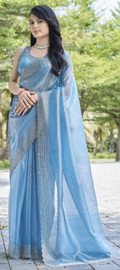 Blue color Saree in Organza Silk fabric with Cut Dana, Stone work