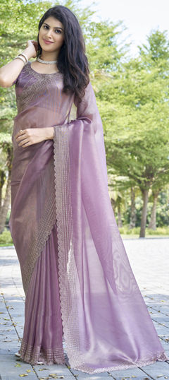 Purple and Violet color Saree in Organza Silk fabric with Cut Dana, Stone work