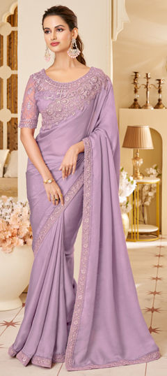 Purple and Violet color Saree in Silk fabric with Embroidered, Sequence, Thread work